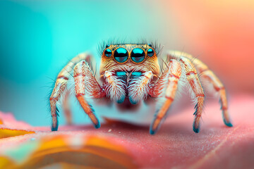 fluffy colorful cute spider on leaf outside