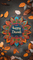 Rangoli design, vibrant colors, intricate patterns, autumn leaves, Happy Diwali, mandala, geometric shapes, light orange, dark red, circular pattern, festive, Indian festival, decoration, celebration,