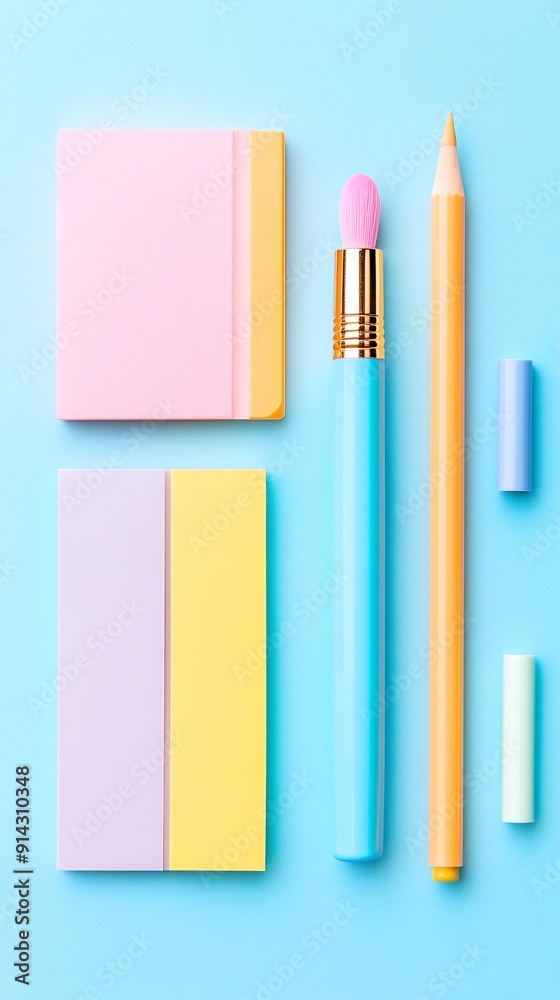 Poster Pastel-colored minimal symbols and icons with high detail and clean flat design lines Stock Photo with copy space