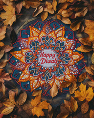 Rangoli design, vibrant colors, intricate patterns, autumn leaves, Happy Diwali, mandala, geometric shapes, light orange, dark red, circular pattern, festive, Indian festival, decoration, celebration,