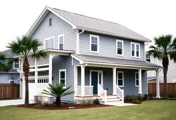 Exterior of a  traditional style house with a porch, surrounded by palm trees at sunset. The house has a gabled roof, white siding, and a covered porch with columns