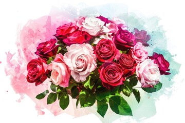 Fototapeta premium Beautiful bouquet of red, pink, and white roses painted with watercolor effect, showcasing delicate petals and lush green leaves.
