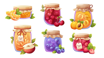 Set of jam jars. Berry, fruit jam in glass jars. Harvest, gifts of fall. Vector elements on white background