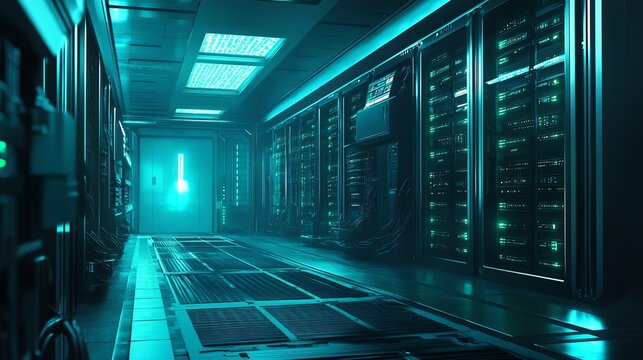 A Long, Narrow, Glowing Cyan Corridor In A Futuristic Server Room