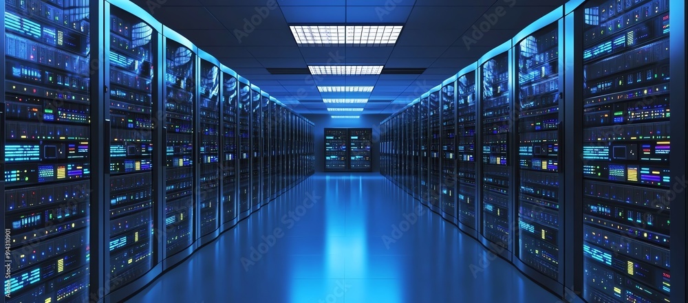 Poster rows of illuminated server racks in a modern data center