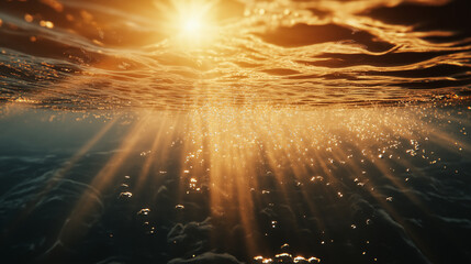 Fototapeta premium Sunlight filters through water with bubbles at sunset over the ocean