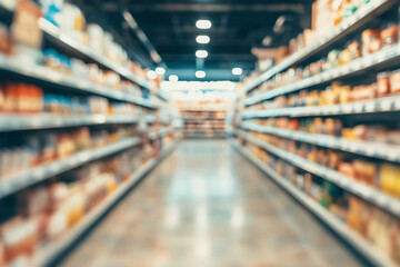 Blurred background of supermarket shelves with products, creating a depth blur effect