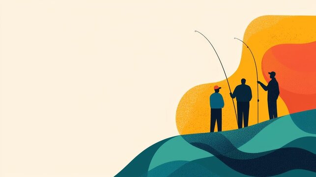 Labor Day fishing derby, people casting lines, flat design illustration
