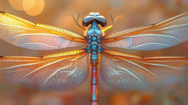 Detailed close-up of a dragonfly with iridescent wings