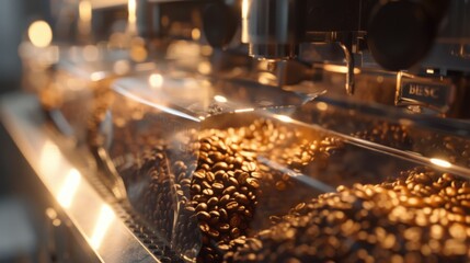 Close-up of roasted coffee beans flowing through a coffee machine.