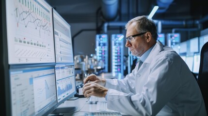 An environmental scientist analyzing air quality data and emissions in an environmental monitoring station.