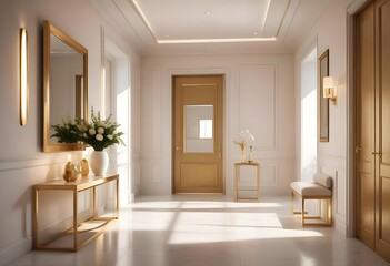White and gold theme interior modern minimalism photo realism neww Style 3d Paints Doodle Illustration Deep View High Results 4k HD