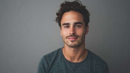 Fototapeta premium Handsome man with glowing skin, standing against a neutral background