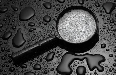 Magnifying glasses on a black background with water drops
