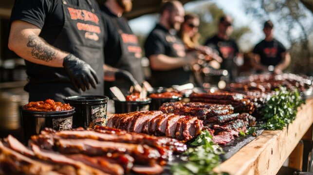 A group of chefs serves an array of grilled meats and flavorful side dishes at an outdoor barbecue event.