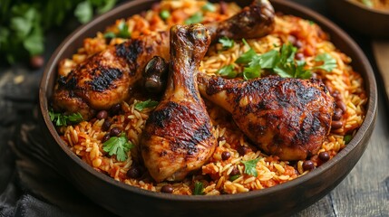 African cuisine grilled chicken legs with jollof rice with orzo and black eyed peas