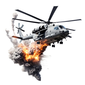 Exploded amilitary helicopter from a missile hit isolated on the transparent backgrrond
