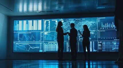 Real estate professionals discussing data analytics on a large screen