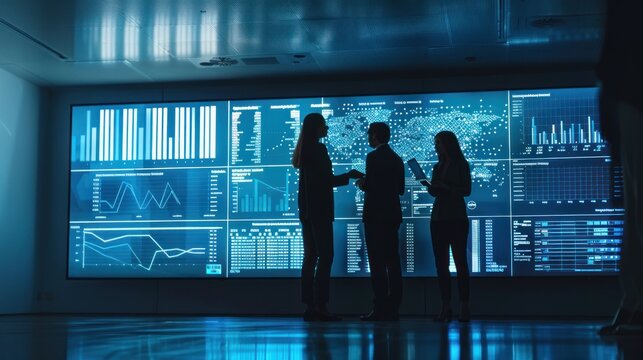 Real estate professionals discussing data analytics on a large screen