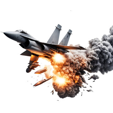 Exploded military jet from a missile hit isolated on the transparent backgrrond
