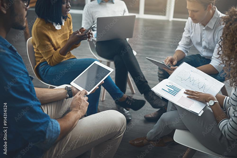 Poster Business people, diversity and tablet screen for team building, connection and meeting in office. Group, data analysis and tech for report, project or support with collaboration, creativity or career