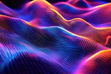 Colorful abstract waves with vibrant lights creating a mesmerizing digital landscape. Perfect for backgrounds and modern designs.