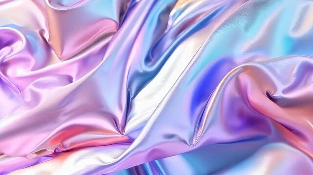 Abstract colorful holographic fabric with iridescent shades, close-up view. Futuristic and modern texture concept