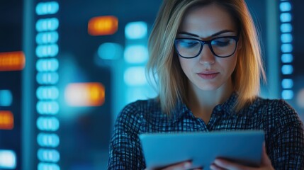 Focused female technician analyzing data on a tablet in a high-tech workspace.