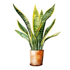 Watercolor of Snake Plant with Vibrant Foliage on White Background