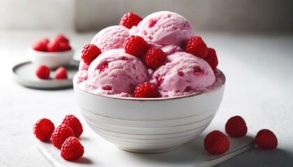 A close-up horizontal image of a white bowl filled with raspberry yogurt ice cream. The ice cream has a creamy texture with a soft pink color.