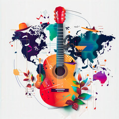 A colorful guitar is surrounded by a map of the world and various other elements