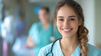 Fototapeta premium Smiling Young Nurse with Stethoscope in Hospital