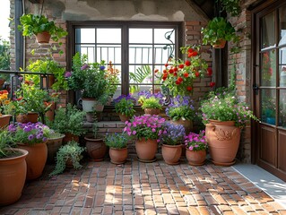 Fototapeta premium A vibrant patio adorned with numerous pots filled with colorful flowers.