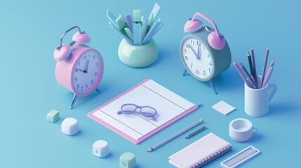 3D isometric representation of time management with clocks and planners.