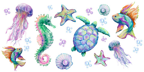 underwater life, watercolor elements