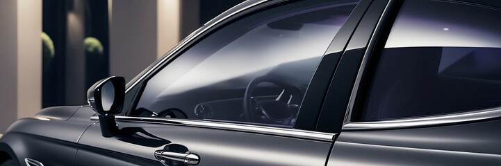 Close up car side view Crop of deluxe vehicle attributes, headlights modern car on black background,copy space