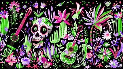 Fototapeta premium Dia De Los Muertos mexican calavera skulls, guitars and tropical flowers. Day of the Dead holiday background for party celebration. abstract fantasy , copy space.