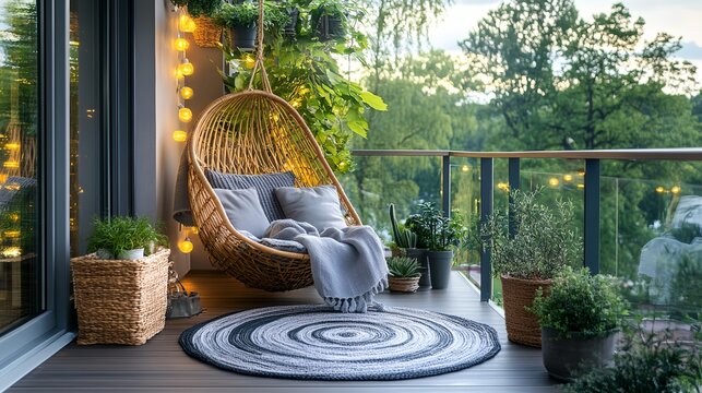 a balcony with a hanging chair and potted plants on it