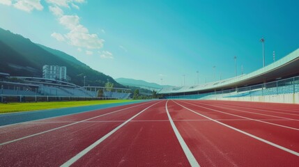 A track with a blue and red stripe is empty