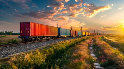 Fototapeta premium a train traveling next to a field of flowers and grass at sunset with a sky filled with clouds