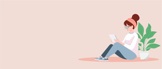 Banner web template. Relaxed woman sitting on the floor using a tablet