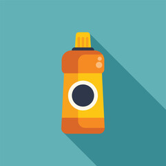 Orange plastic bottle with yellow label standing on blue background, concept for cleaning product or detergent