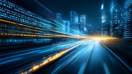 Fototapeta premium Futuristic Digital City with Speeding Data Streams