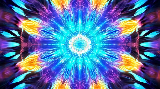 Colorful abstract kaleidoscope symmetrical pattern, vibrant blue and orange fractal design, psychedelic art concept