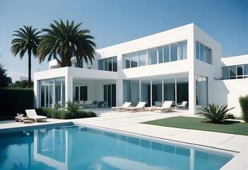 Fototapeta premium Exterior of A modern, two-story white house with a swimming pool in the foreground, surrounded by a paved patio area. The house has large windows and a minimalist, contemporary architectural style. 