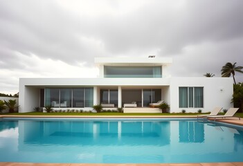 Fototapeta premium Exterior of A modern, two-story white house with a swimming pool in the foreground, surrounded by a paved patio area. The house has large windows and a minimalist, contemporary architectural style. 