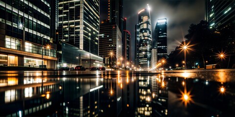 Fototapeta premium Urban skyline at night with wet streets and reflections