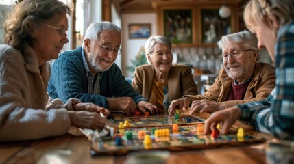 Group of retirees playing board games and having fun.