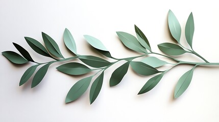 Paper-cut Green Leaf Branch on White Background