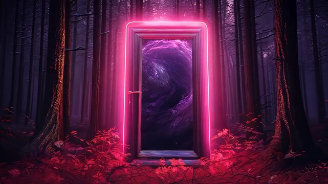 Illuminated portal in a dark forest with neon lights, fantasy concept